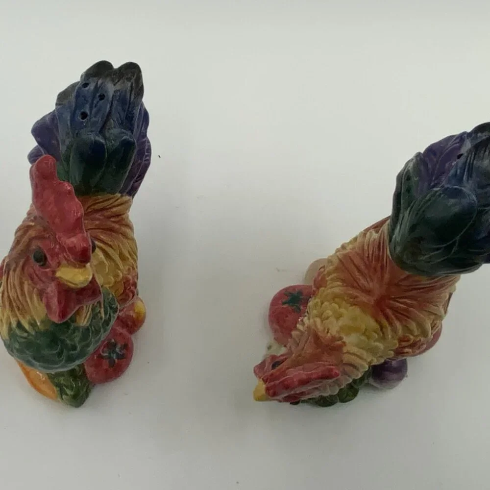 1996 Fritz & Floyd Hen and Rooster Salt & Pepper Shakers Fruit & Veggies